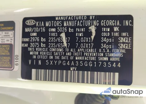 2016 Kia Sorento 2.4L Lx z USA, uszkodzony, nr VIN 5XYPG4A35GG173544